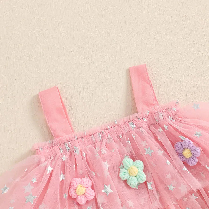 Kids Girls Dress Flower Decor Sequins Star Sleeveless Layered Casual Dress