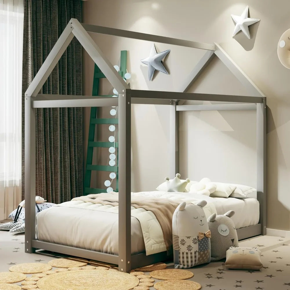 Wood House Bed, Floor Bed with Wood Slats, No Box Spring Needed