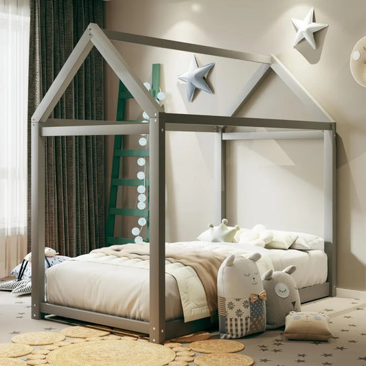 Wood House Bed, Floor Bed with Wood Slats, No Box Spring Needed