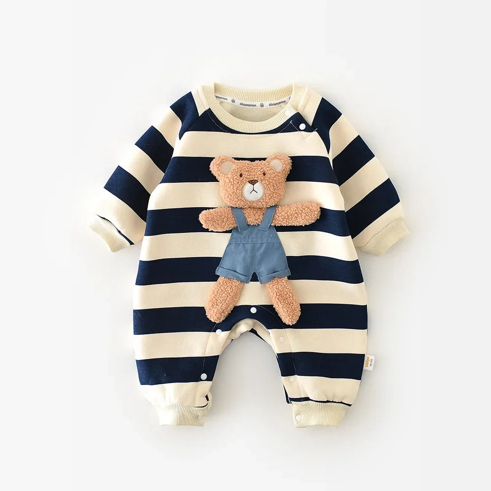 New Infant Baby Girl Striped Romper 0-2Y Boys Baby Newborn Items Cotton Thickened Jumpsuit 3D Bear Patch Autumn Winter Outfit