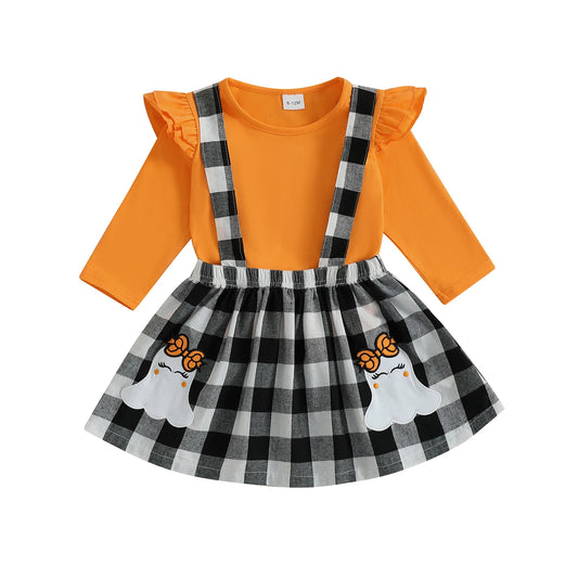 Toddler Baby Girls Skirt Set Solid Color Long Sleeve Tops and Ghost Pattern Plaid Suspender