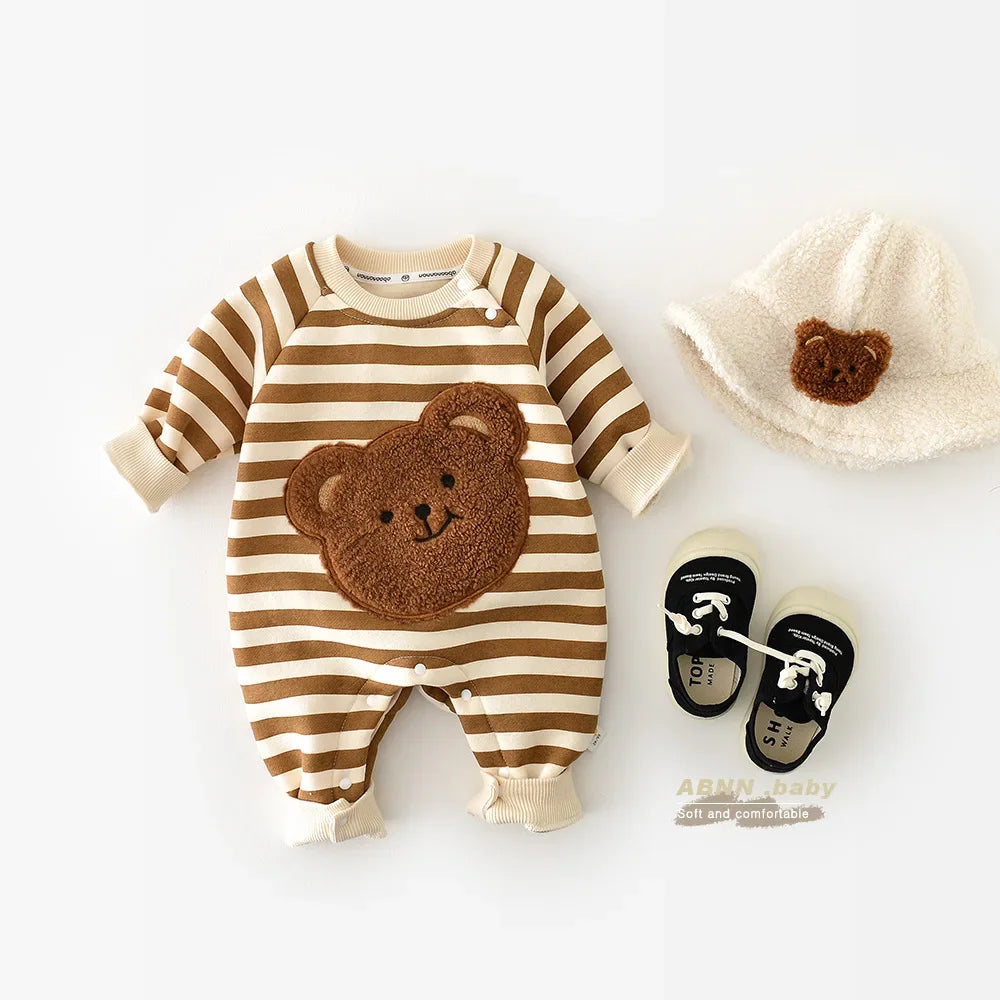 New Infant Baby Girl Striped Romper 0-2Y Boys Baby Newborn Items Cotton Thickened Jumpsuit 3D Bear Patch Autumn Winter Outfit