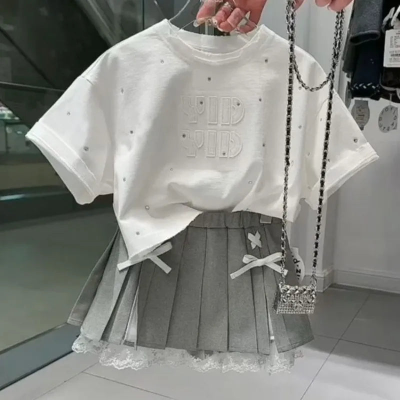 Girls' summer outfit summer new style T-shirt pleated skirt stylish two-piece set