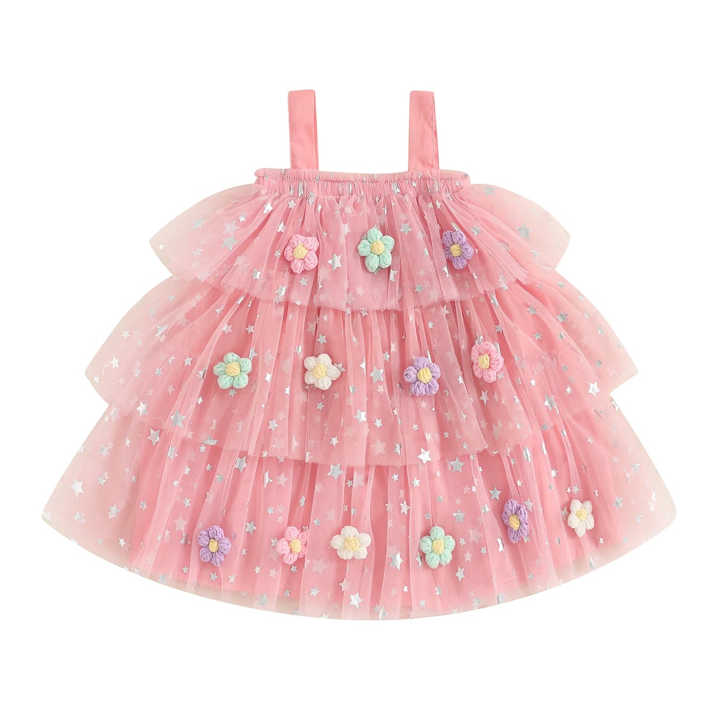 Kids Girls Dress Flower Decor Sequins Star Sleeveless Layered Casual Dress