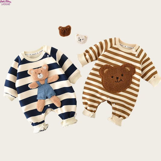 New Infant Baby Girl Striped Romper 0-2Y Boys Baby Newborn Items Cotton Thickened Jumpsuit 3D Bear Patch Autumn Winter Outfit