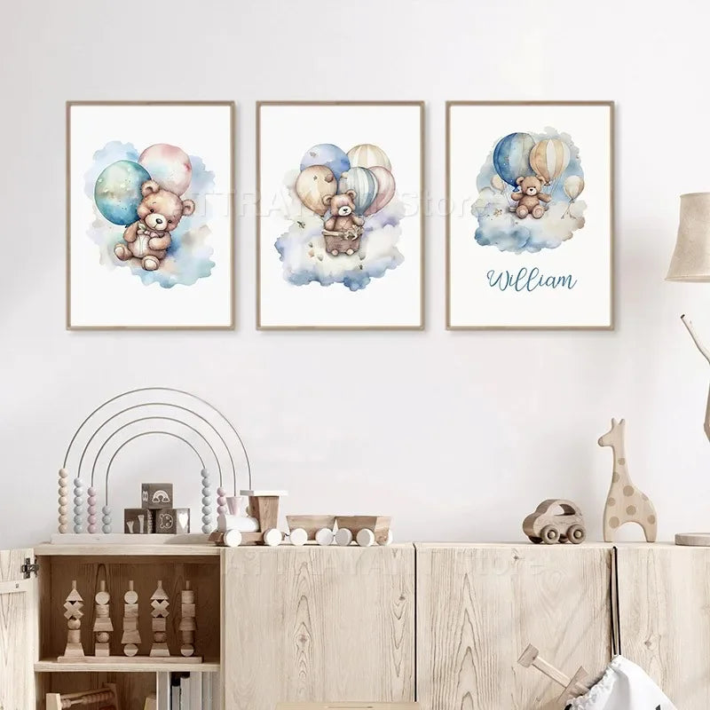 Cute Bear Hot Air Balloon Cloud Cartoon Animal Poster Nursery Set Wall Art Prints Canvas Painting Pictures Baby Kids Room Decor