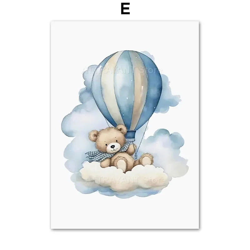 Cute Bear Hot Air Balloon Cloud Cartoon Animal Poster Nursery Set Wall Art Prints Canvas Painting Pictures Baby Kids Room Decor