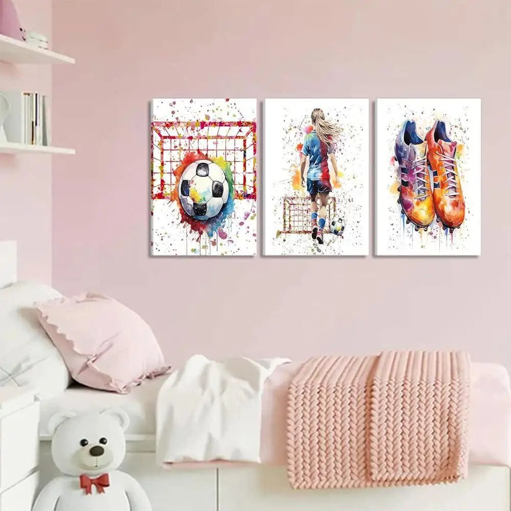 3Pcs Girl Soccer Graffiti Canvas Wall Art Colorful Sneakers Prints Sports Theme