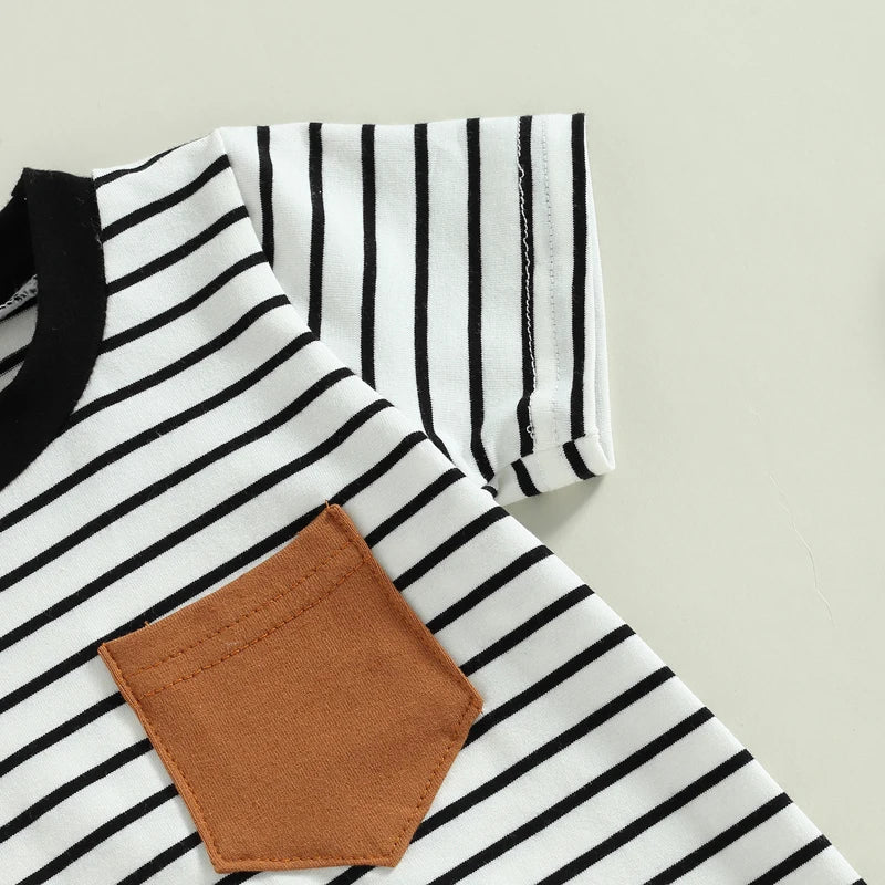 2023-02-22 Lioraitiin 0-18M Newborn Baby Boys Summer Jumpsuit Round Neck Contrast Color Short Sleeve Striped Romper