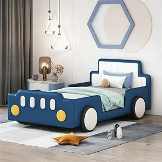 PU Leather Car Bed Frame for Boys Twin Size, Kids Bed Frame with Headboard,