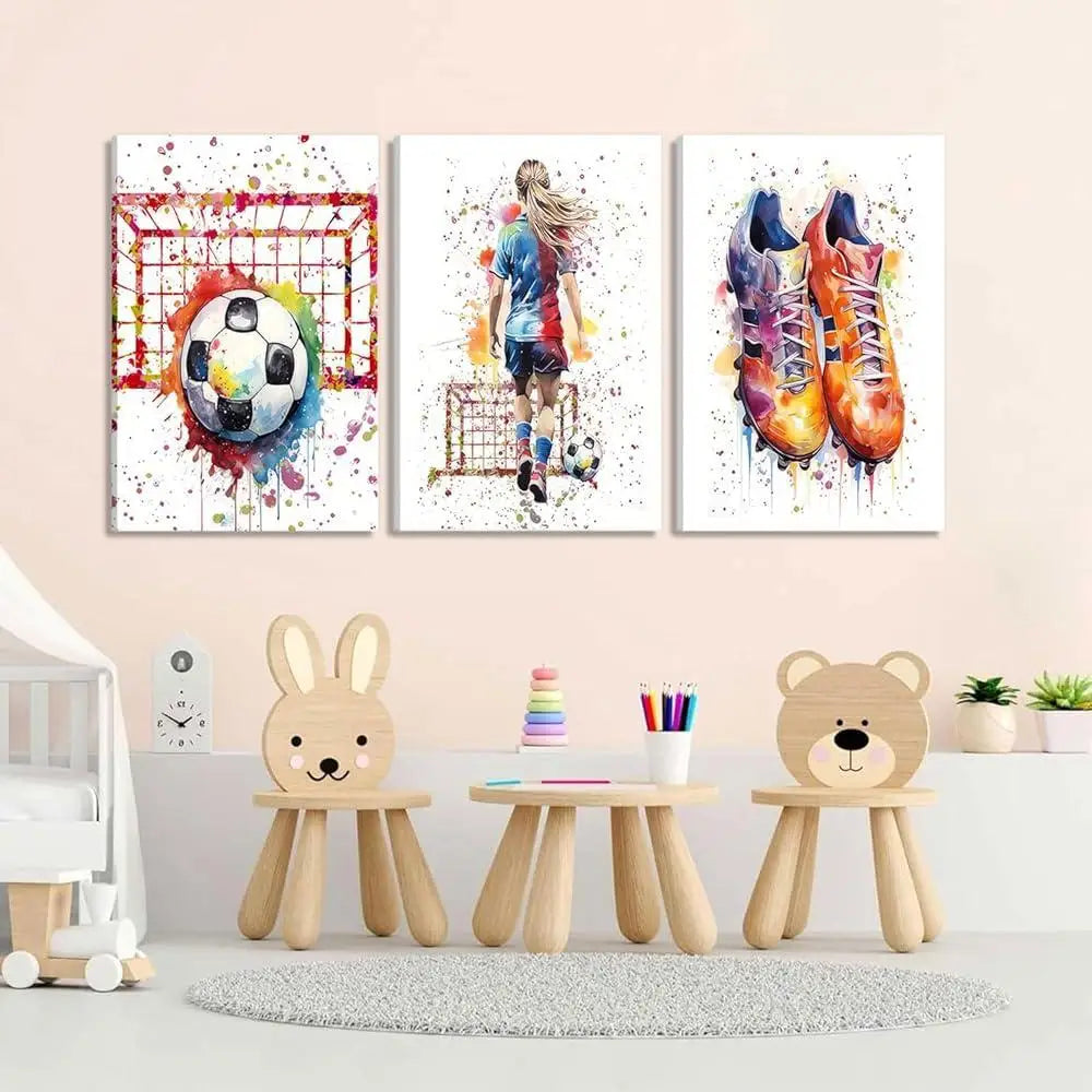 3Pcs Girl Soccer Graffiti Canvas Wall Art Colorful Sneakers Prints Sports Theme