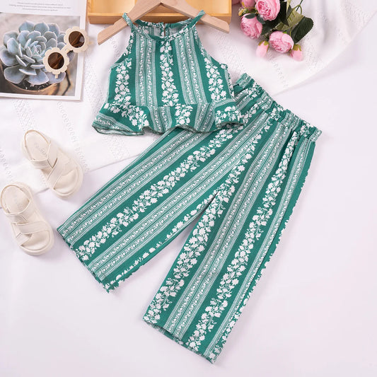 Kids Girl Summer Outfits Stripe Floral Print Sleeveless