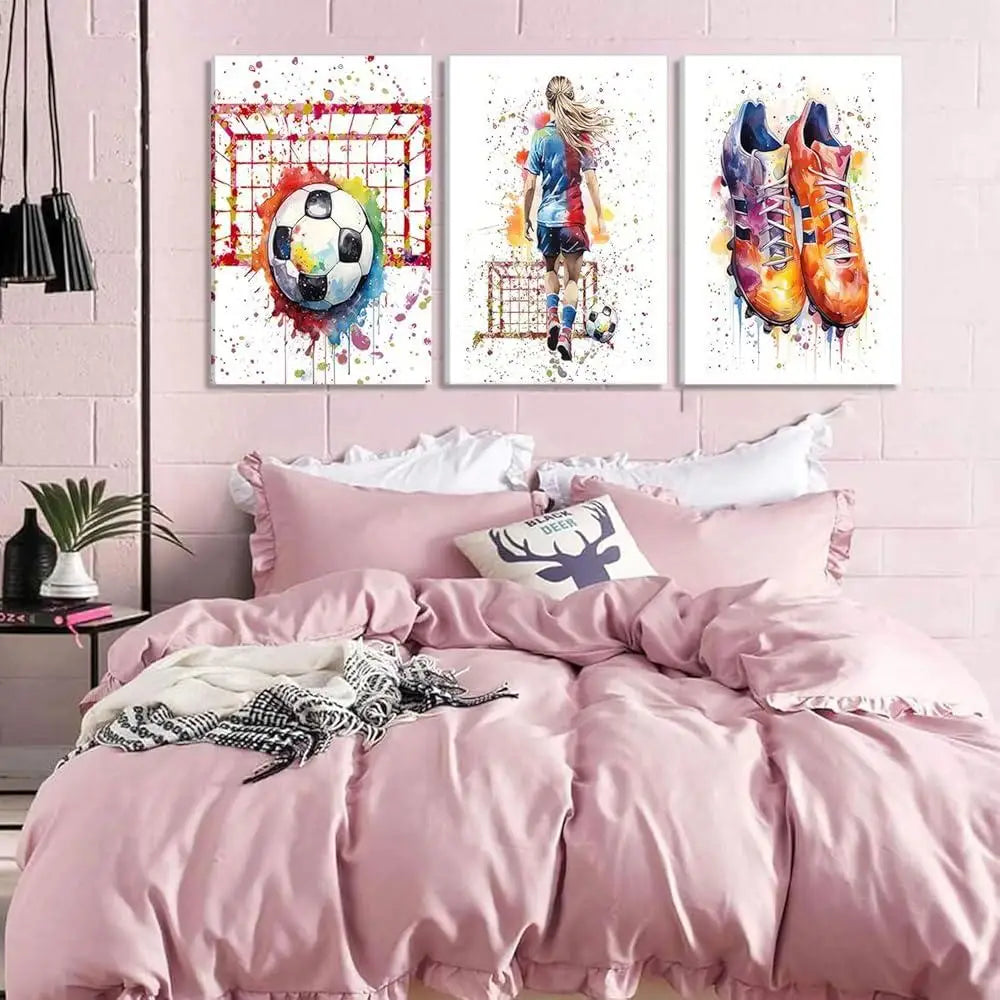 3Pcs Girl Soccer Graffiti Canvas Wall Art Colorful Sneakers Prints Sports Theme