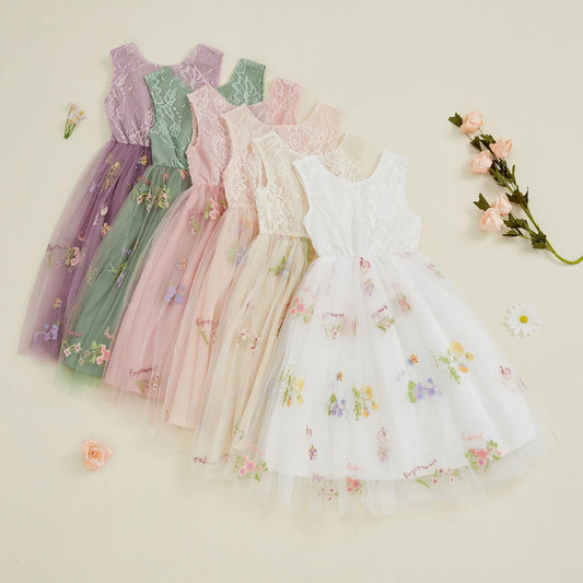 Kids Girl Tulle Dress Sleeveless Round Neck Floral Embroidery Dress