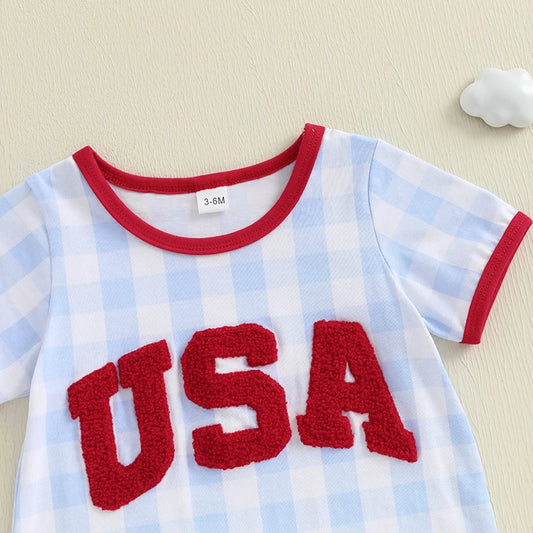 Infant Fourth of July  with Embroidered Initials Checkered Design and Short Sleeves for Patriotic Celebrations