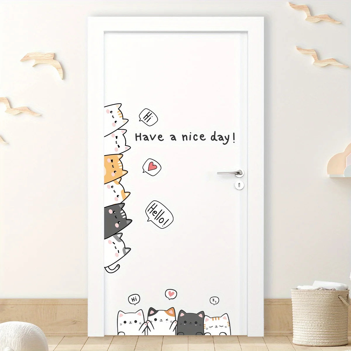 Cartoon Cute 10 Cats and English“have A Nice Day”animal Wall Stickers for Kids Room Living Room Door Decoration Wall Decals
