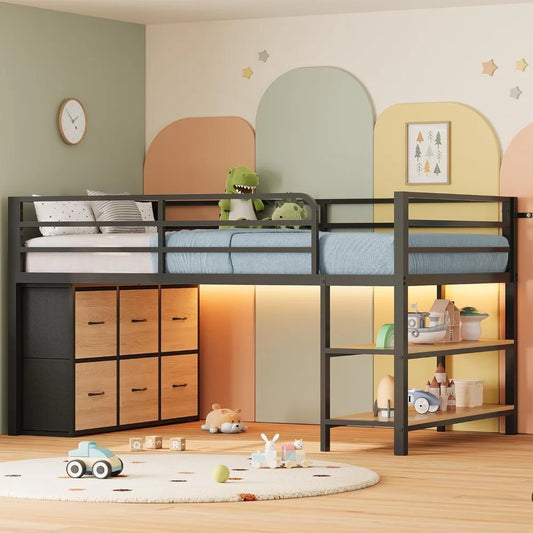 Low Loft Bed with 6 Storage Drawers, Twin Loft Bed with LED Lights