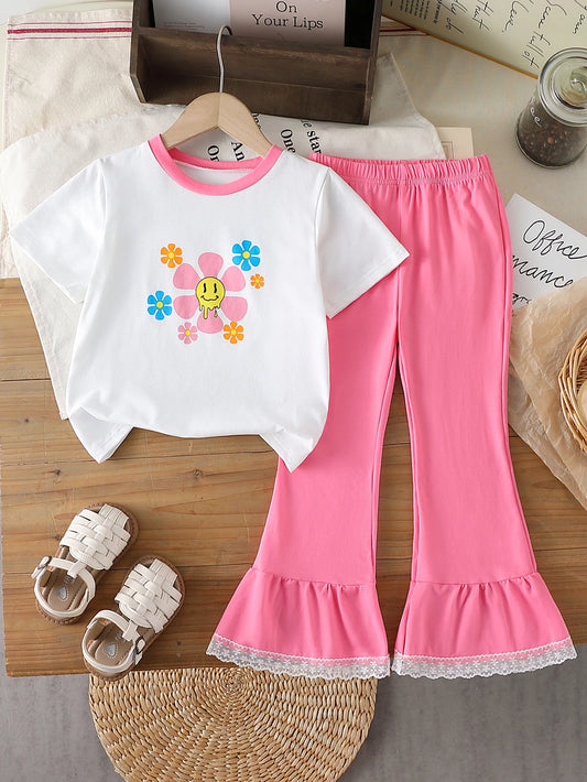 Girls Aged 4-7 Years Old Flower Smiley Face T-Shirt + Lace Bell Bottoms Set