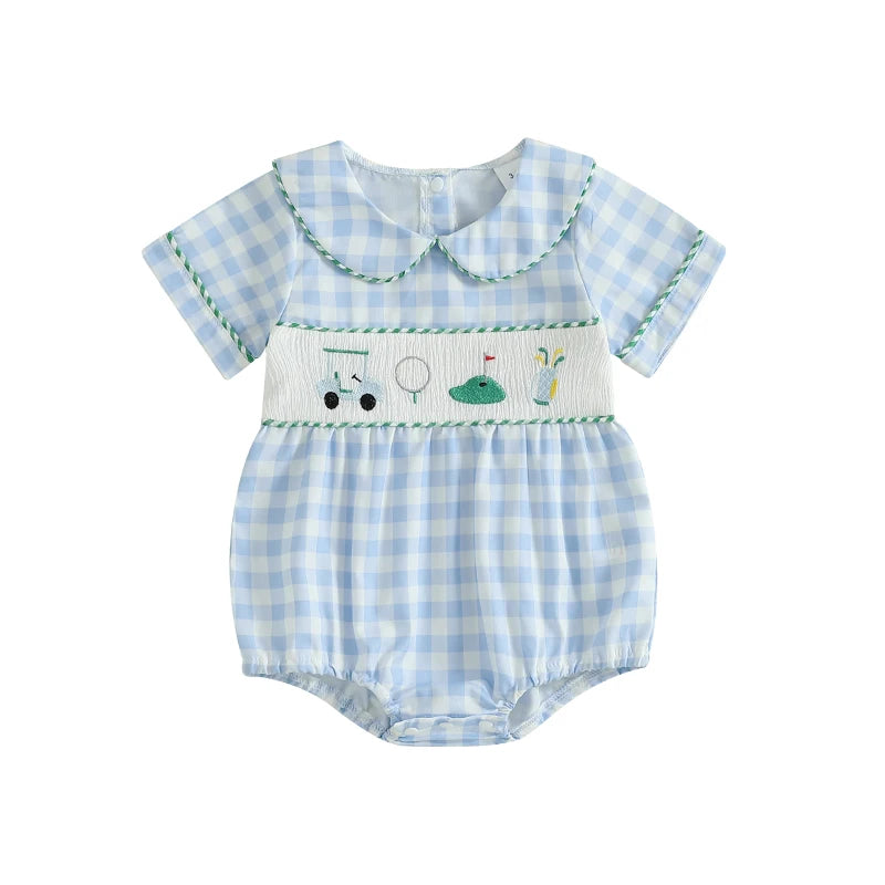 Toddler Boy Casual Romper with Cute Animal Embroidery and Short Sleeves Stylish Collar Plaid Jumpsuit for Summer Outfits
