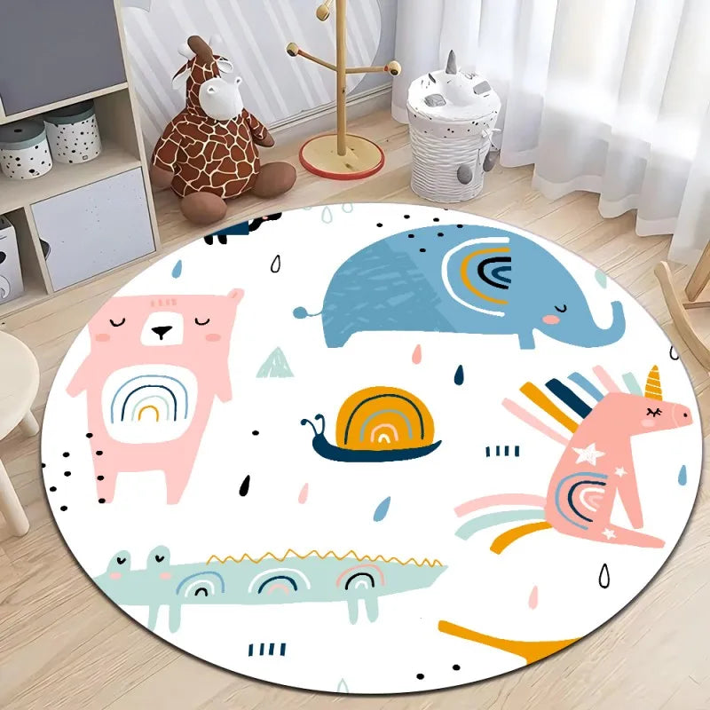 Cute Dinosaur Cartoon Round Rug, Soft Chenille Non-Slip Floor Mat for Kids Room
