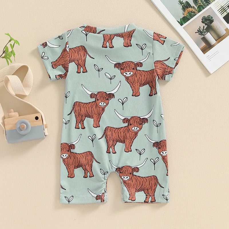 2024-03-19 Lioraitiin 0-18M Lovely Baby Boys Western Jumpsuit Short Sleeve Crew Neck Cow Head Print Summer Casual Romper