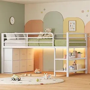 Low Loft Bed with 6 Storage Drawers, Twin Loft Bed with LED Lights