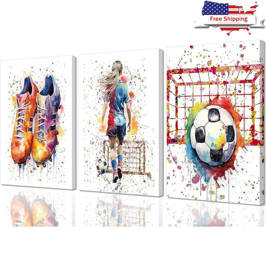3Pcs Girl Soccer Graffiti Canvas Wall Art Colorful Sneakers Prints Sports Theme