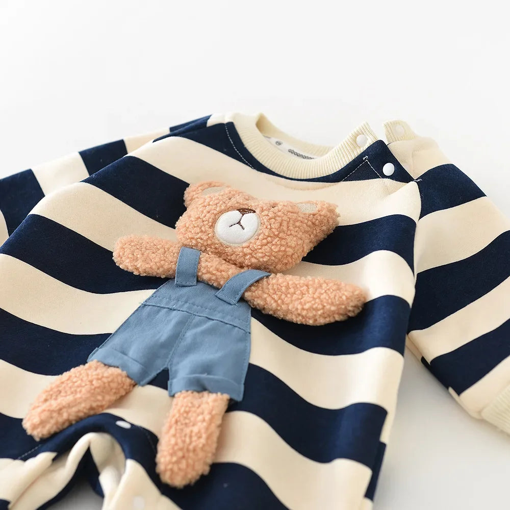 New Infant Baby Girl Striped Romper 0-2Y Boys Baby Newborn Items Cotton Thickened Jumpsuit 3D Bear Patch Autumn Winter Outfit
