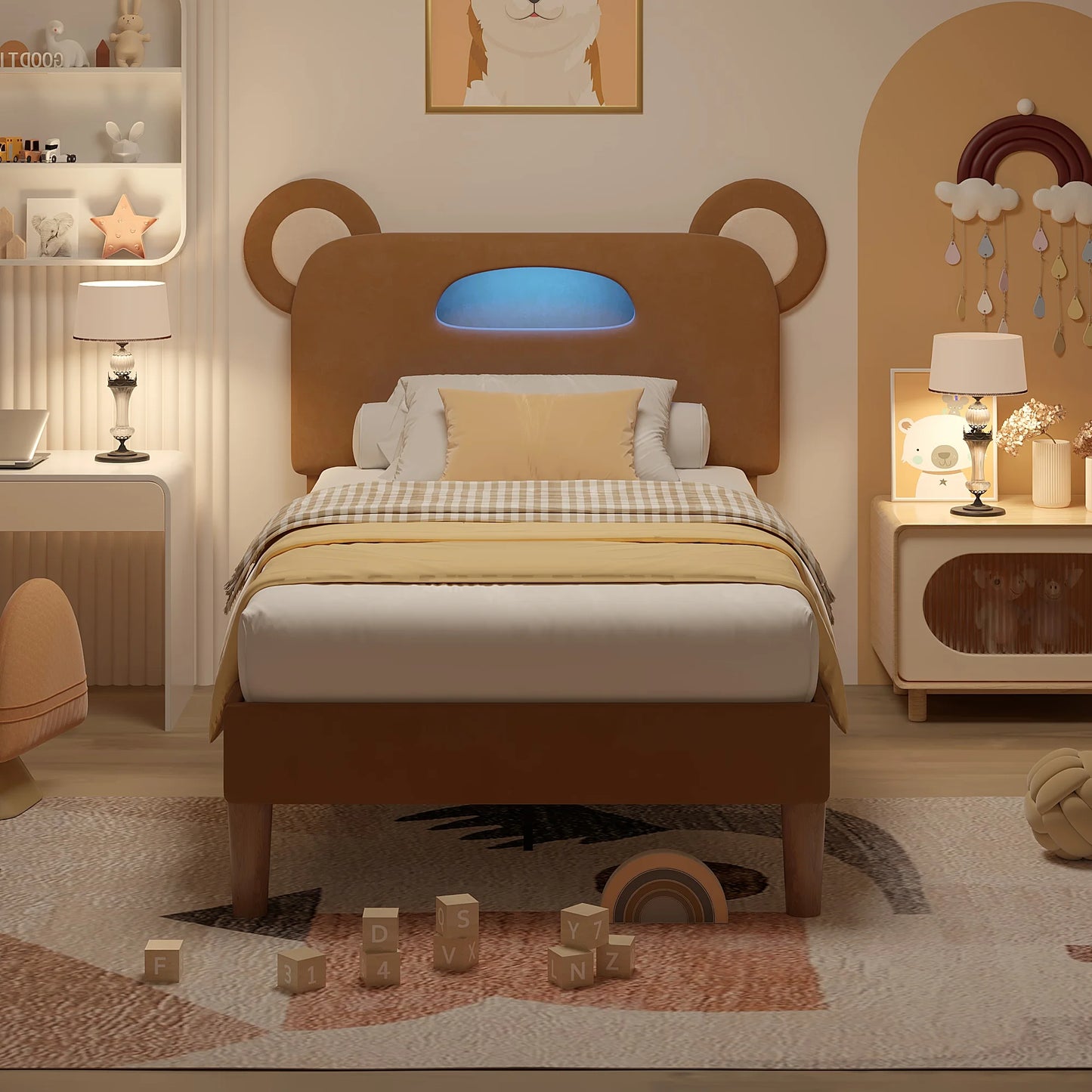 Twin Kids Upholstered Bed Frame with LED Cute Bear Ear Platform Bed