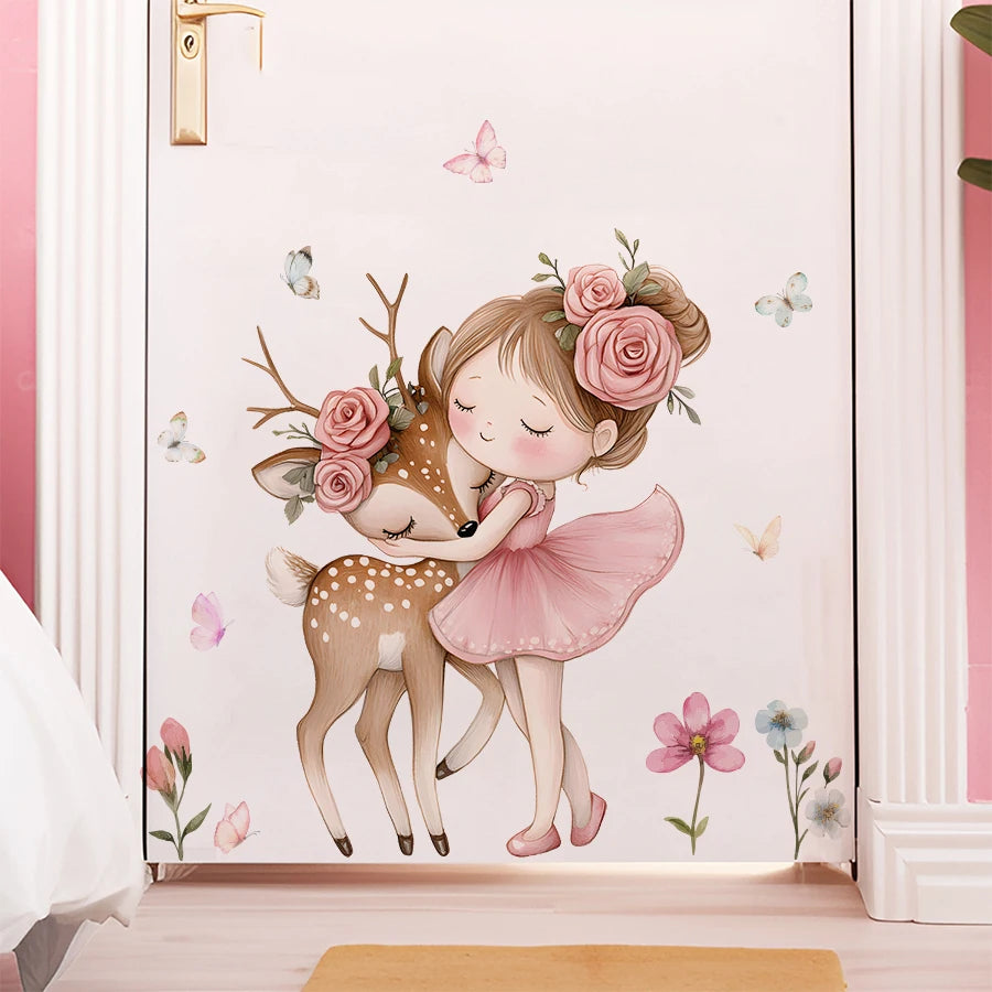 Cartoon Girl With Deer Wall Decal Woodland Animal Bedroom Decor Waterproof Peel-Stick Home Art For Playroom Wall Art Decals