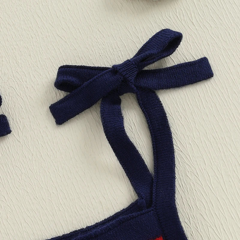 Independence Day Baby Girl Romper Red White Blue Stripe Star Print Tie Strap Square Neck Knit Jumpsuit Firework Theme Summer