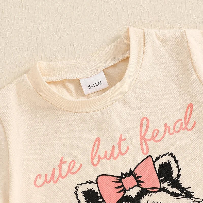 Toddler Girls Summer Outfit Raccoon Letter Print Short Sleeves