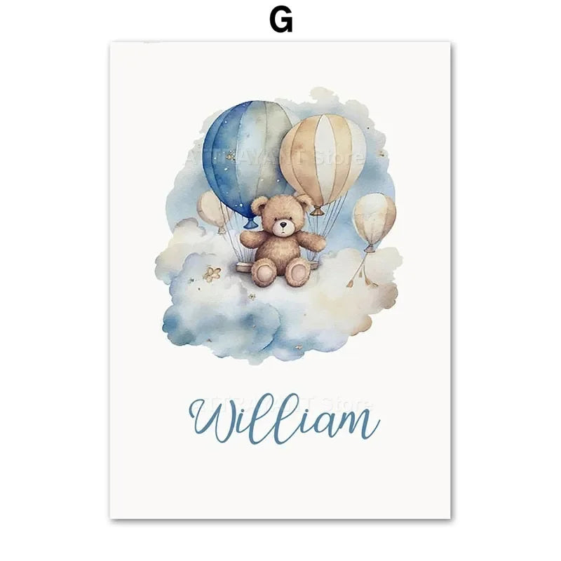 Cute Bear Hot Air Balloon Cloud Cartoon Animal Poster Nursery Set Wall Art Prints Canvas Painting Pictures Baby Kids Room Decor