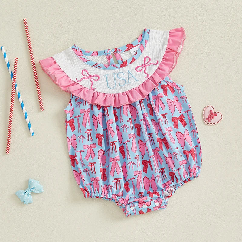 Adorable Infant American Flag Romper with Bow Detail and Flutter Sleeves for Baby Girl - Patriotic  for Newborns and