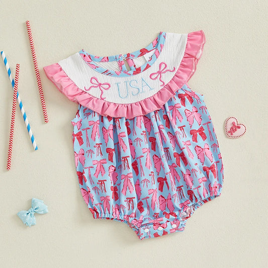 Adorable Infant American Flag Romper with Bow Detail and Flutter Sleeves for Baby Girl - Patriotic  for Newborns and