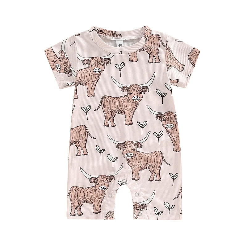 2024-03-19 Lioraitiin 0-18M Lovely Baby Boys Western Jumpsuit Short Sleeve Crew Neck Cow Head Print Summer Casual Romper