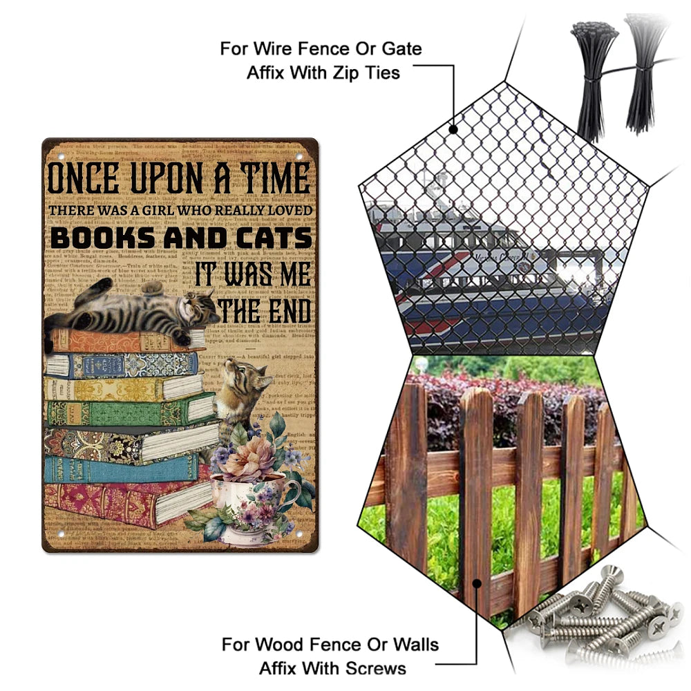 SUPERDNAT Cat Books Metal Tin Sign Vintage Girl's Room Bedroom Tin Painting Retro Plaque Wall Art Poster Old Fashion Aluminum