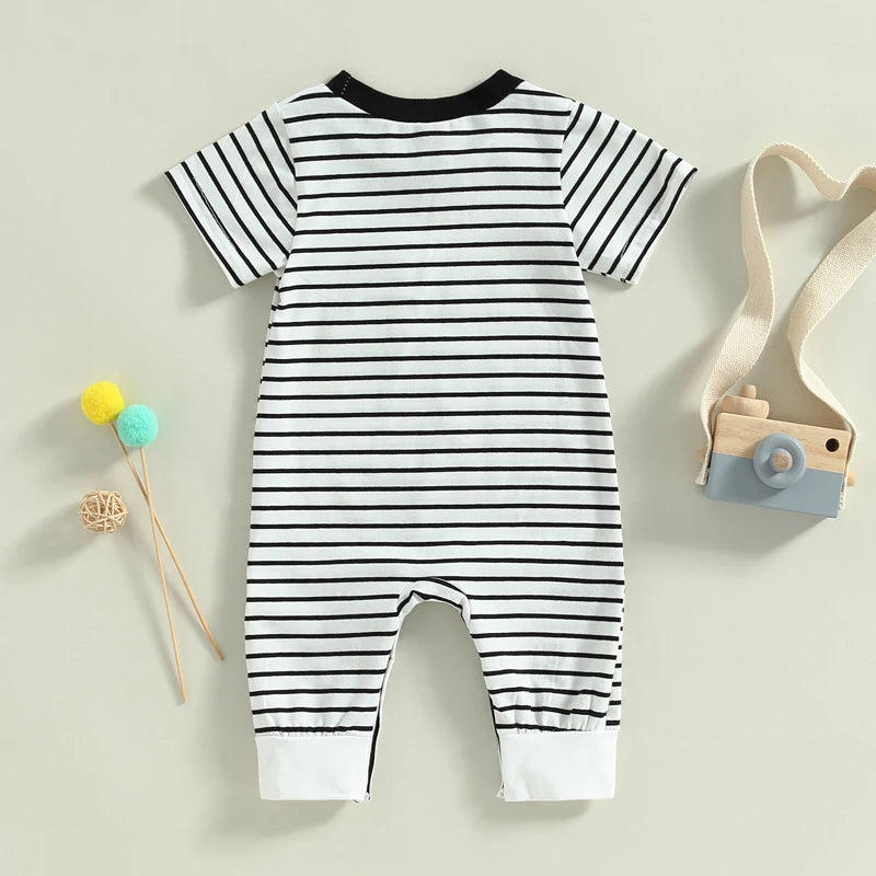 2023-02-22 Lioraitiin 0-18M Newborn Baby Boys Summer Jumpsuit Round Neck Contrast Color Short Sleeve Striped Romper