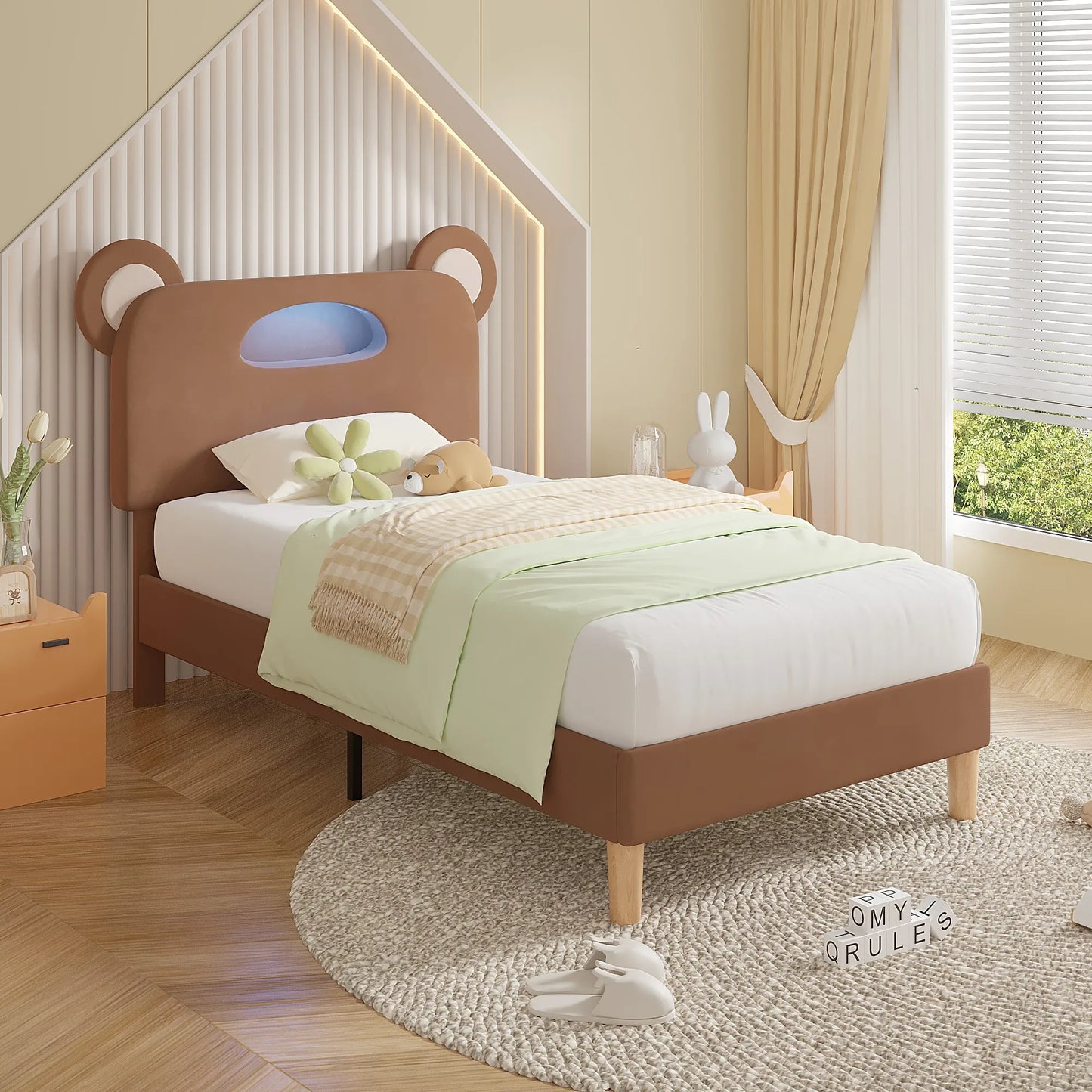 Twin Kids Upholstered Bed Frame with LED Cute Bear Ear Platform Bed