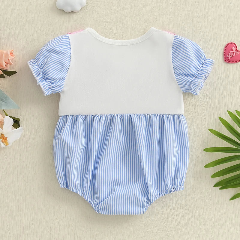 Adorable Baby Girls Rompers with Cute Letter Embroidery and Striped Design Featuring Round Neck and Short Sleeves - Stylish