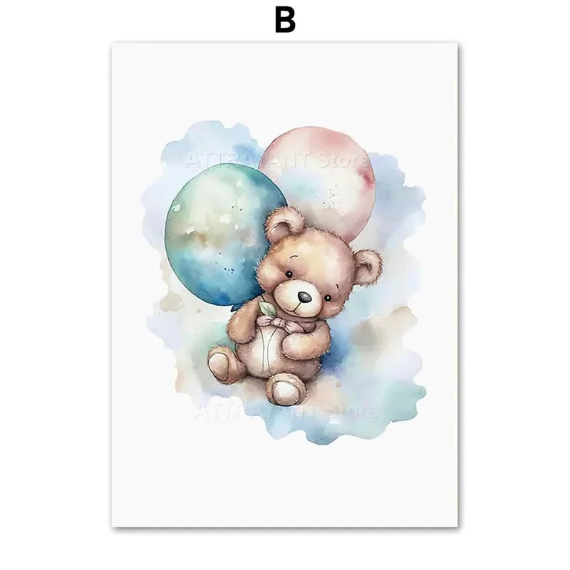 Cute Bear Hot Air Balloon Cloud Cartoon Animal Poster Nursery Set Wall Art Prints Canvas Painting Pictures Baby Kids Room Decor