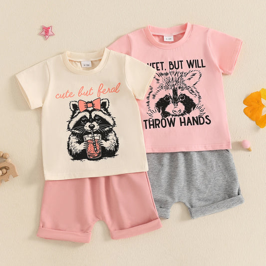 Toddler Girls Summer Outfit Raccoon Letter Print Short Sleeves