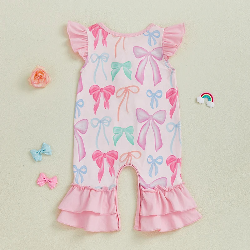 Baby Girls Jumpsuit Fly Sleeve Crew Neck Bow Print Summer Casual Romper Clothes