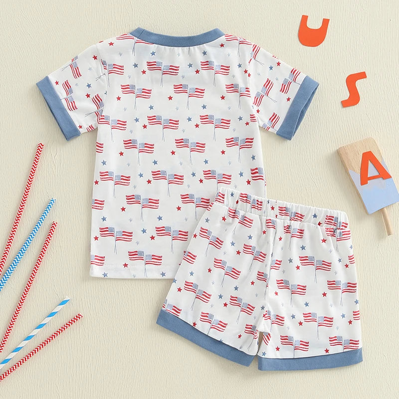 Infant Independence Day Apparel Set with Short Sleeve American Flag Print Tee and Pocket Shorts for Boys