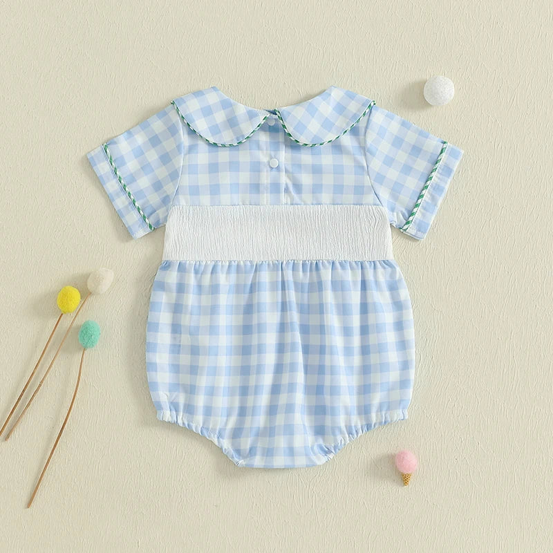 Toddler Boy Casual Romper with Cute Animal Embroidery and Short Sleeves Stylish Collar Plaid Jumpsuit for Summer Outfits