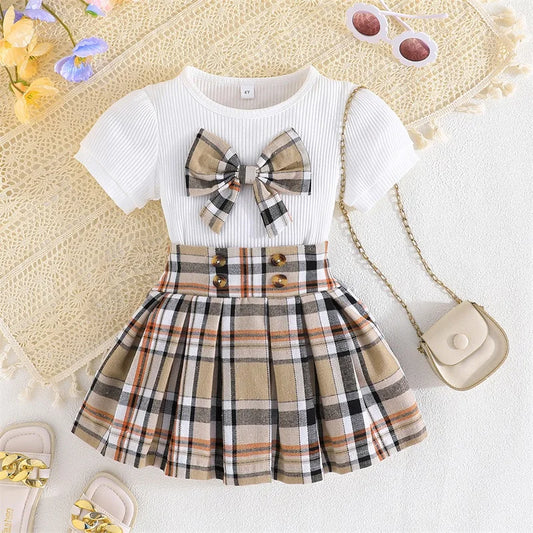 Summer Girl Clothes Short Sleeve Plaid Pleated Skirt