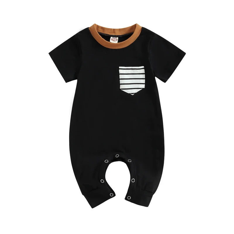 2023-02-22 Lioraitiin 0-18M Newborn Baby Boys Summer Jumpsuit Round Neck Contrast Color Short Sleeve Striped Romper
