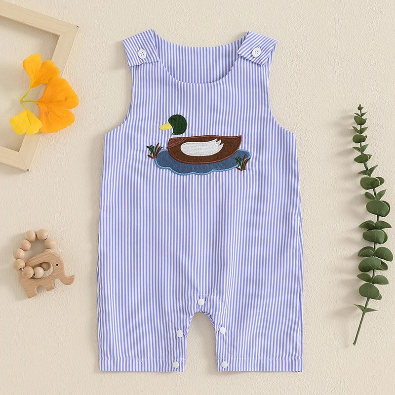Cute Cartoon Animal Print Sleeveless Baby Rompers Jumpsuits with Button Closure for Newborn Boys and Girls