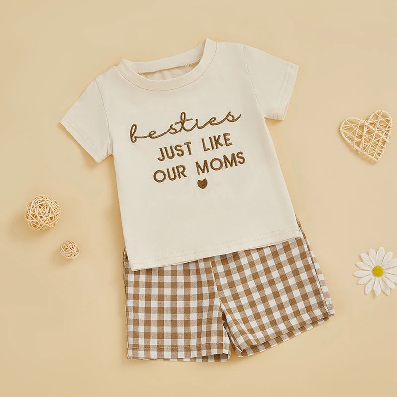 Kids Girls Summer 2 Piece Outfits Short Sleeve Letter Embroidery Tops Drawstring Plaid Shorts Sets