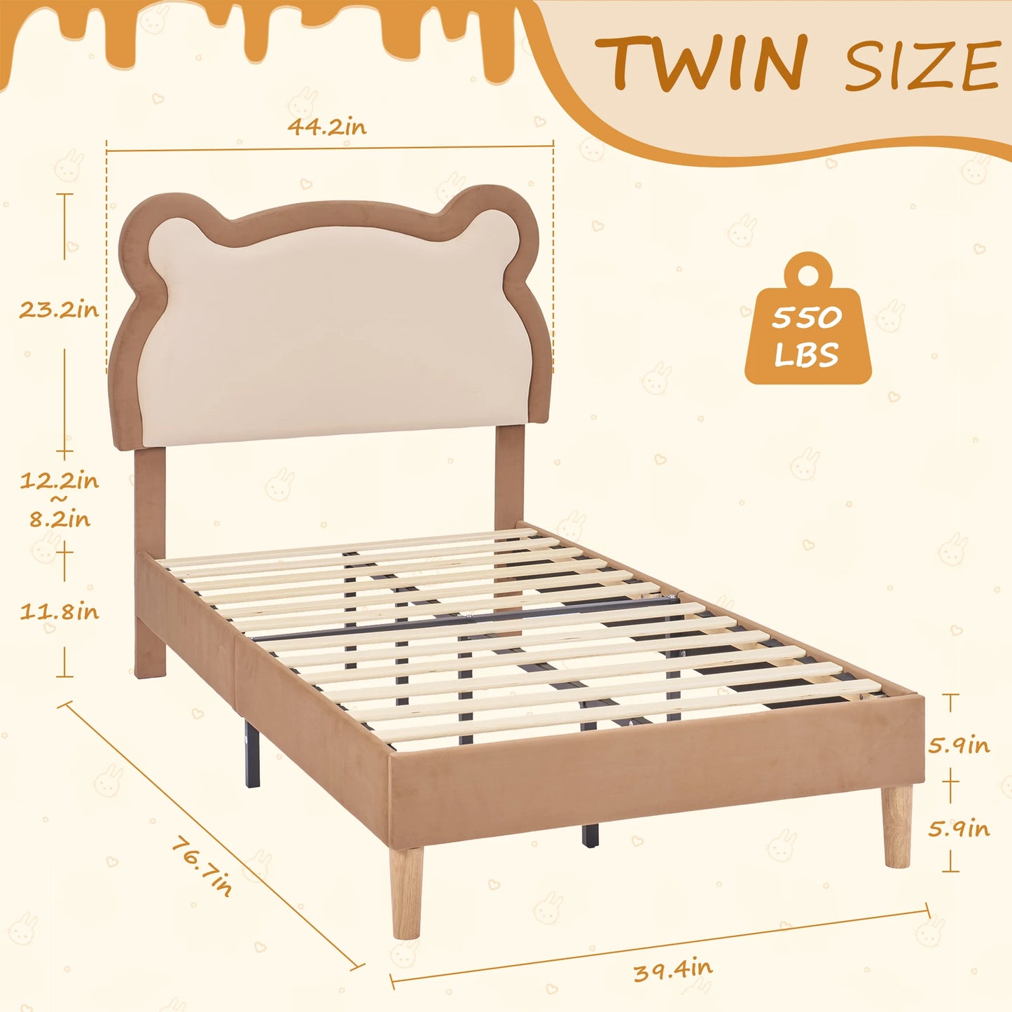 Twin Kids Upholstered Bed Frame with LED Cute Bear Ear Platform Bed